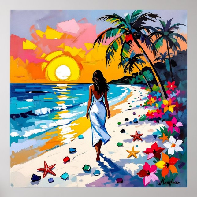 Poster Mulher na Cena Tropical da Praia (Frente)