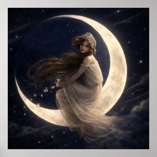 Poster Mulher na Lua Crescente Com Flores (Frente)