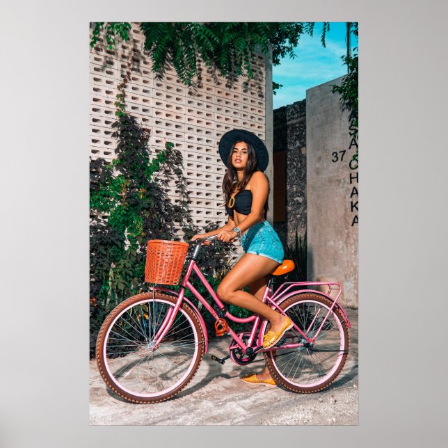 Poster Mulher na moda na Bicicleta Rosa, Arte de Aventura (Frente)