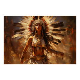 Pôster Mulher Nativa Americana Dançante em Headdress
