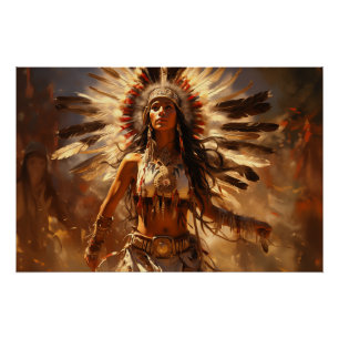 Pôster Mulher Nativa Americana Dançante em Headdress