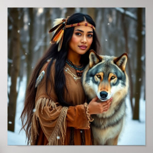 Poster Mulher Nativa com seu Lobo