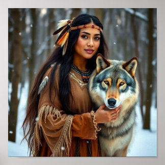 Poster Mulher Nativa com seu Lobo