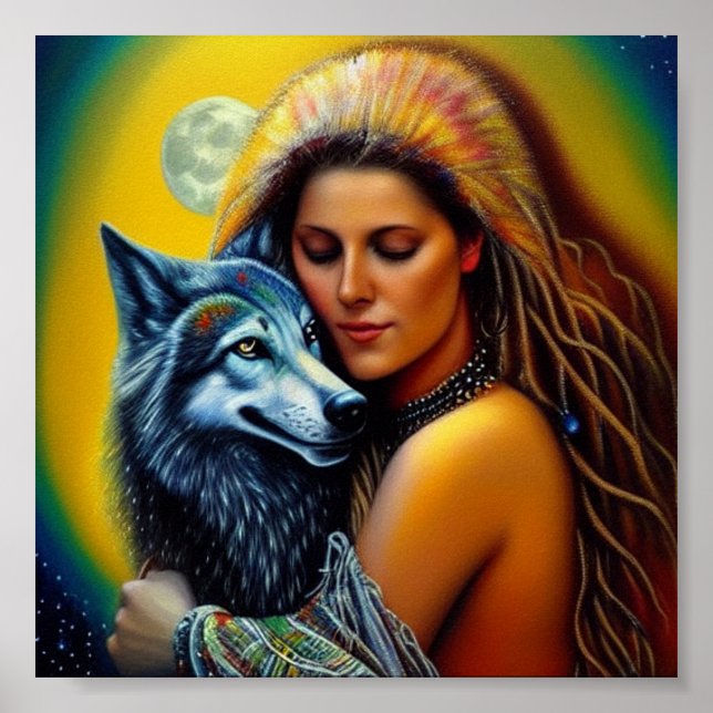 Poster Mulher nativa e lobo (Frente)