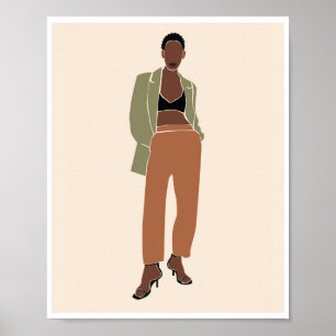 Poster Mulher Negra Boho Blazer Oliva Arte de Moda