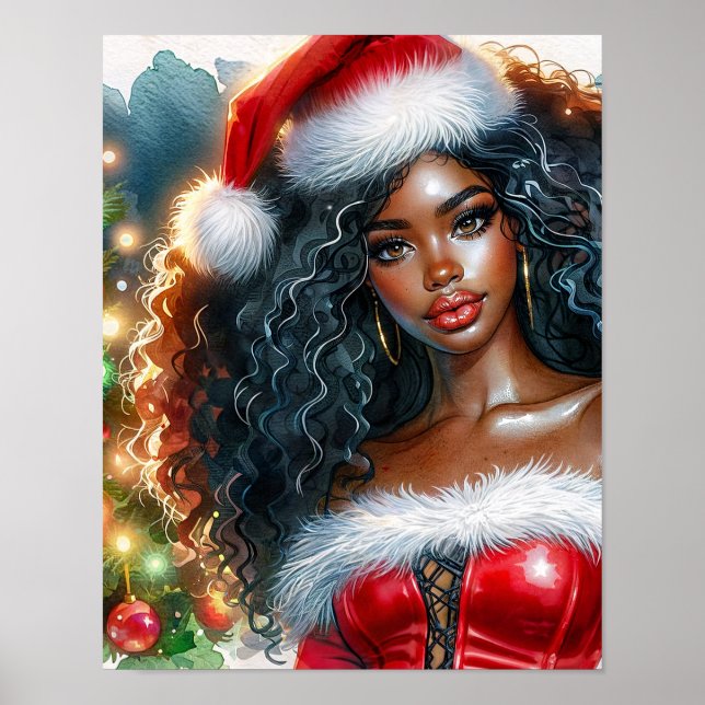 Poster Mulher Negra de Santa com Árvore de Natal (Frente)