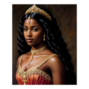 Pôster Mulher Negra Elegante em Retrato com Coroa Dourada