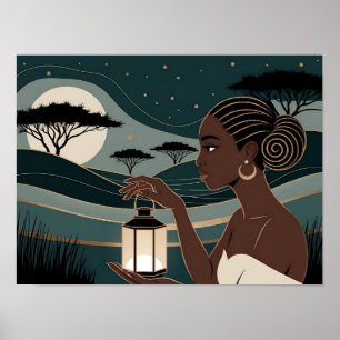Poster Mulher Negra Segurando uma Lanterna à Noite
