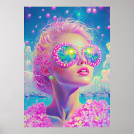 Poster Mulher Neon Glamorosa com Óculos Espumantes