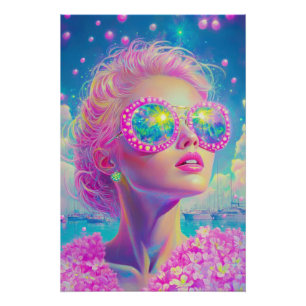 Pôster Mulher Neon Glamorosa com Óculos Espumantes