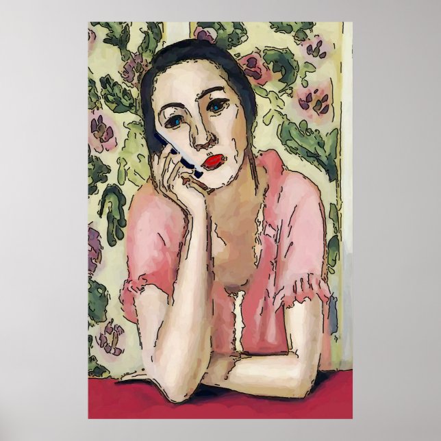 Pôster Mulher no Abstrato de Telefone Celular, Estilo Mat (Frente)