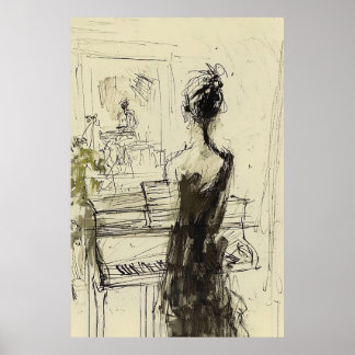 Poster Mulher no Piano Sketch -