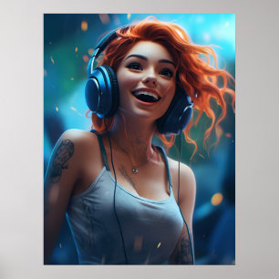 Poster Mulher ouvindo música com fones de ouvido