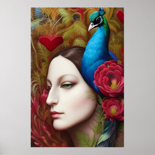 Poster Mulher, Pavão, Flores Vermelhas e coração