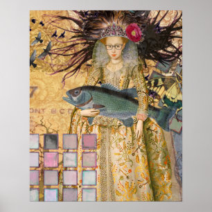 Poster Mulher Peixes Vintage Gótico Clássico