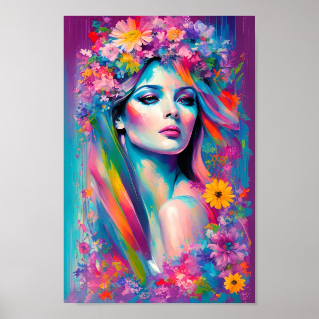 Poster Mulher Perfeita Belo Arco-Íris Floral Aquarela (Frente)