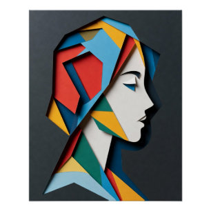 Pôster Mulher Perfil Recorte Geométrico de Papel