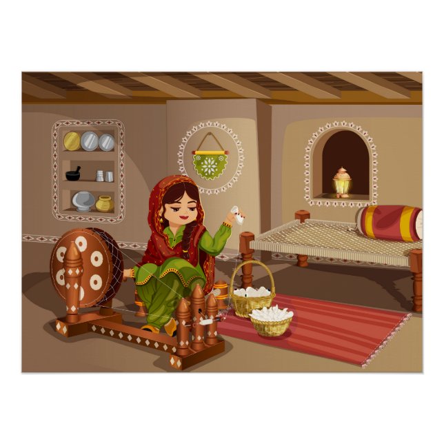 Pôster Mulher Punjabi Espinnig Charkha - Estilo de Vida R (Frente)
