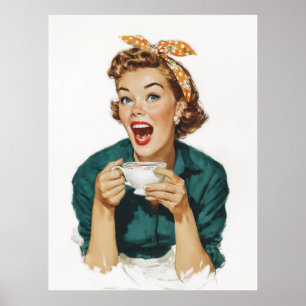 Poster Mulher Retro Alegre Desfrutando Café