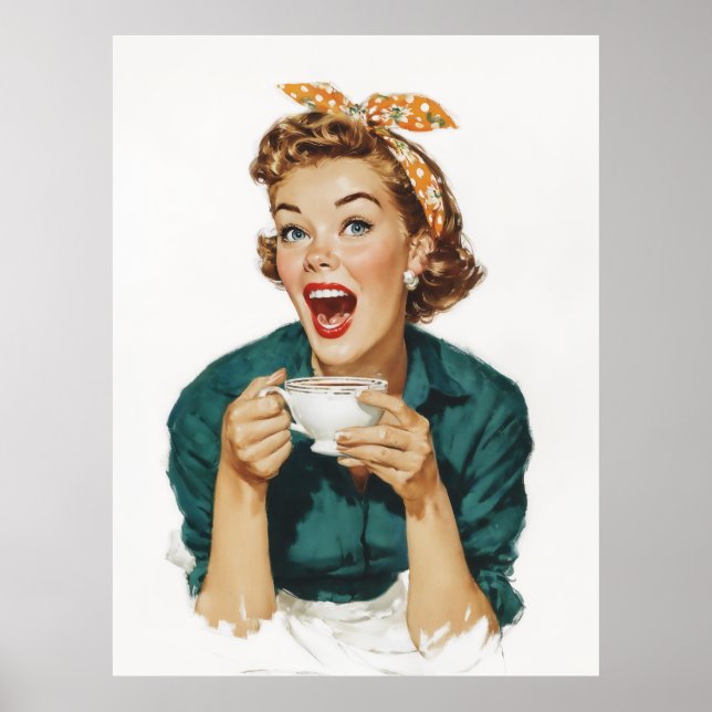 Poster Mulher Retro Alegre Desfrutando Café (Frente)