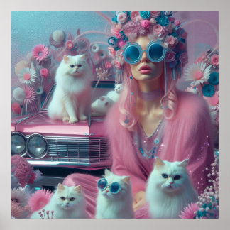 Poster Mulher-retrô com gatos brancos