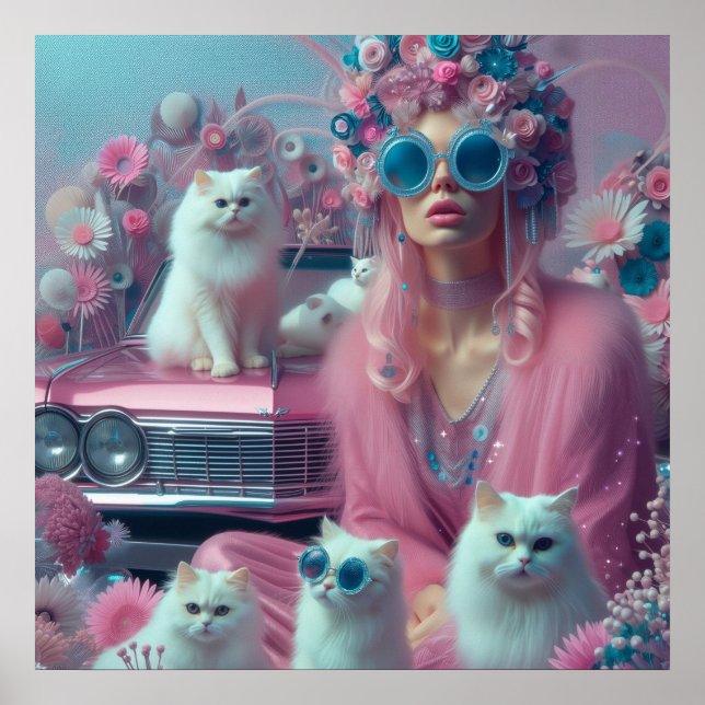 Poster Mulher-retrô com gatos brancos (Frente)