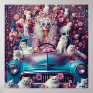 Poster Mulher-retrô com gatos brancos