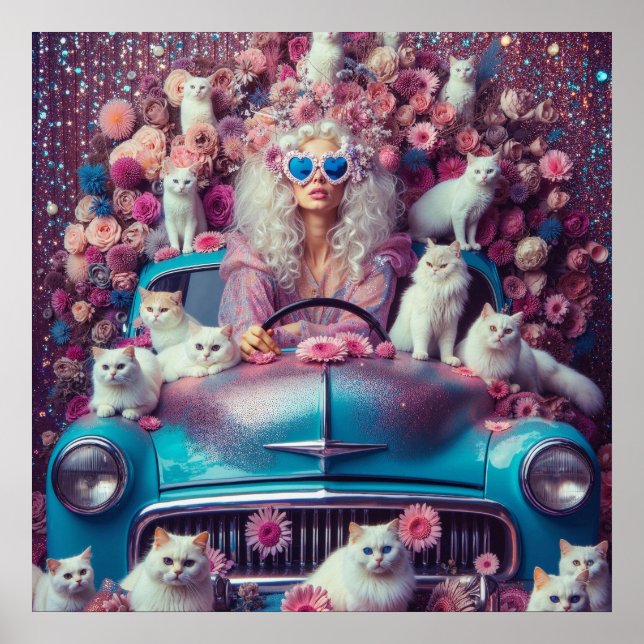 Poster Mulher-retrô com gatos brancos (Frente)