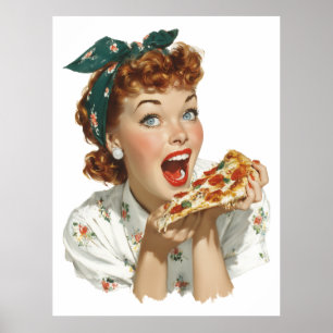 Poster Mulher Retro Disfrutando de uma Fatia de Pizza