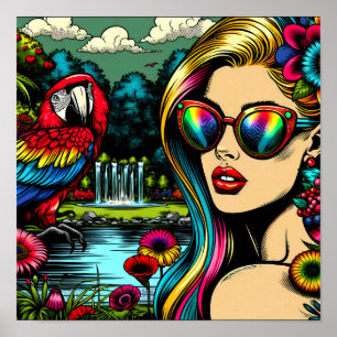 Poster Mulher Retro e Papagaio no Parque Pop Art