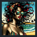 Poster Mulher retrora na arte Pop do estilo de banda dese<br><div class="desc">Bonito retrógrada americana em biquíni sentada na praia com óculos escuros em cores de vintage no estilo dos quadrinhos de pop-art.</div>