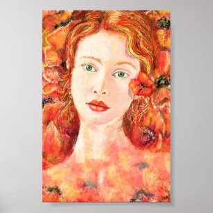 Poster Mulher Ruiva Bonita de Olhos Verdes Pintura Origin