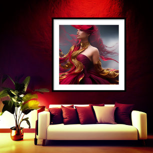 Poster Mulher ruiva exótica fluindo em vermelho Dourado A