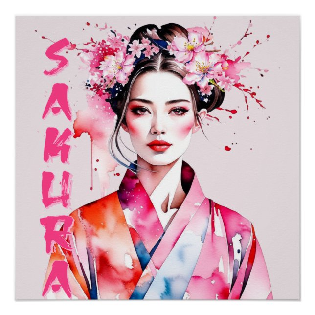 Pôster Mulher Sakura Aquarela (Frente)