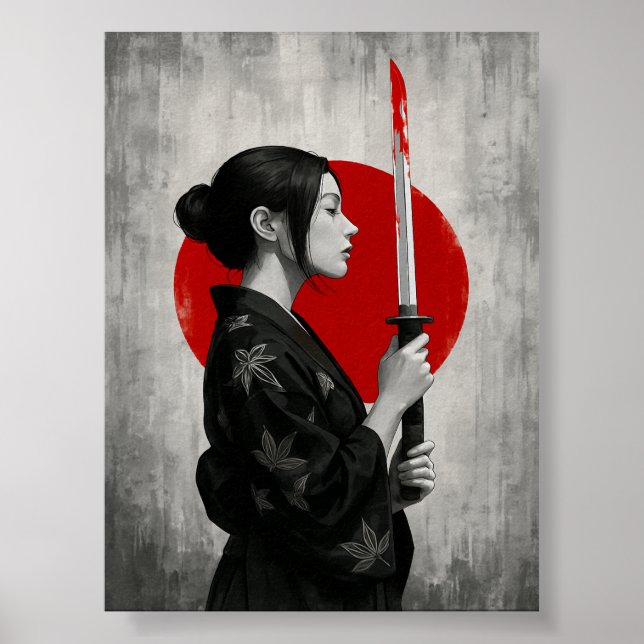 Poster Mulher Samurai com Katana em frente ao Sol Vermelh (Frente)