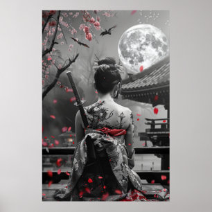 Poster Mulher samurai japonesa com tatuagem sob a lua che
