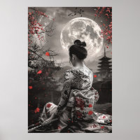 Mulher samurai japonesa com tatuagem sob a lua che