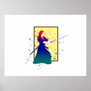 Poster Mulher Samurai Warrior com Sword Paint Splash