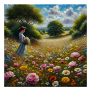 Pôster Mulher segurando flores em um campo