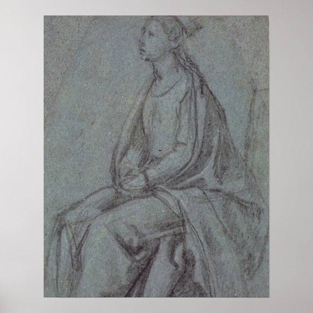 Pôster Mulher sentada, c.1514 (giz preto e branco em azul (Frente)