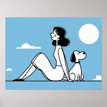 Mulher sentada com cachorro sob a lua