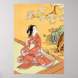Poster Mulher Sentada Debaixo de Cerejeiras em Flor