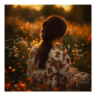 Pôster Mulher sentada em um campo de flores silvestres