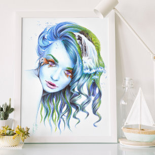 Pôster Mulher sereia aquática arte de retrato surreal de