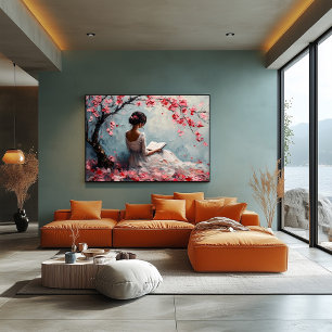 Poster Mulher Serena Lendo sob Cerejeiras em Flor