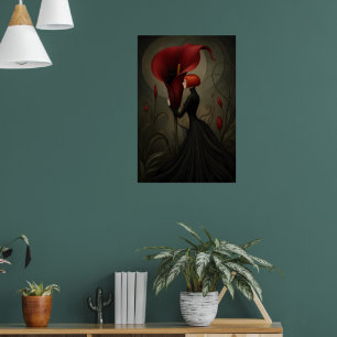 Poster Mulher Surrealista com Lírio-de-água Vermelho e Ga