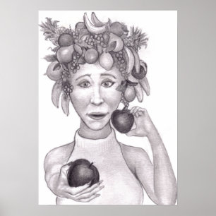 Poster Mulher Usando um Chapéu Feito de Frutas Oferecendo