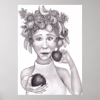 Poster Mulher Usando um Chapéu Feito de Frutas Oferecendo
