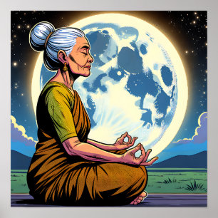 Poster Mulher Velha Meditando Sob A Lua
