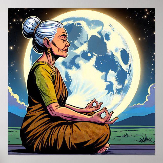 Poster Mulher Velha Meditando Sob A Lua (Frente)